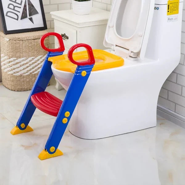 Kids toilet training ladder seat with blue frame, red handles, and yellow seat