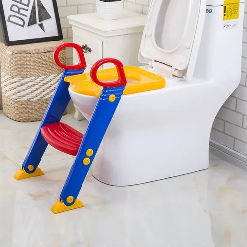 Kids toilet training ladder seat with blue frame, red handles, and yellow seat