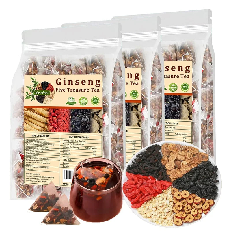 Ginseng Five Treasure Tea - 4 pack with ingredients display